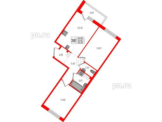 Квартира в ЖК Счастье 2.0, 2 комнатная, 54.59 м², 3 этаж