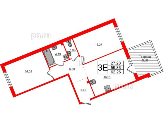 Квартира в ЖК «Счастье 2.0», 2 комнатная, 62.26 м², 1 этаж