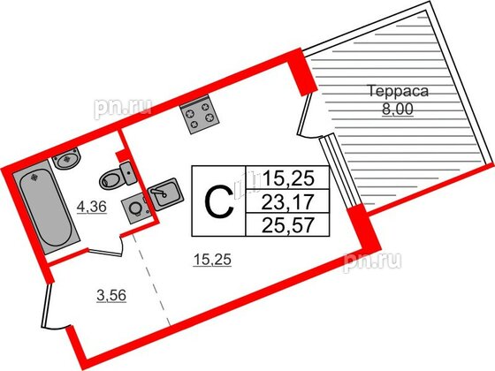 Квартира в ЖК Счастье 2.0, студия, 25.57 м², 1 этаж