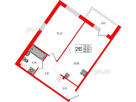Квартира в ЖК Счастье 2.0, 1 комнатная, 48.43 м², 4 этаж
