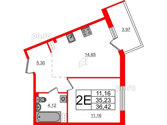 Квартира в ЖК Счастье 2.0, 1 комнатная, 36.42 м², 2 этаж