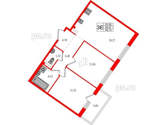 Квартира в ЖК Счастье 2.0, 2 комнатная, 55.73 м², 2 этаж