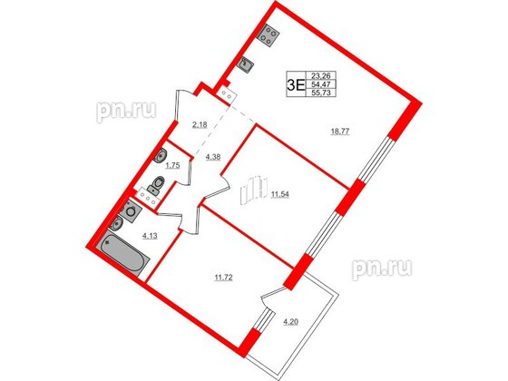 Квартира в ЖК Счастье 2.0, 2 комнатная, 55.73 м², 3 этаж