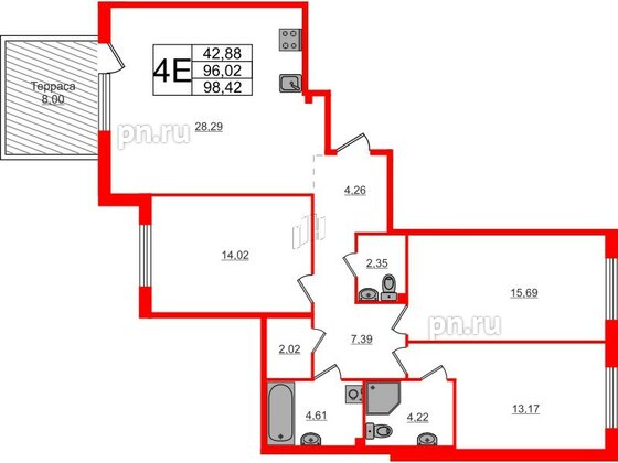 Квартира в ЖК Счастье 2.0, 3 комнатная, 98.42 м², 1 этаж