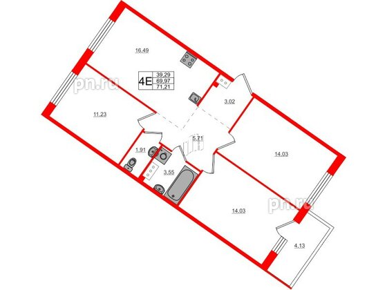 Квартира в ЖК Счастье 2.0, 3 комнатная, 71.21 м², 2 этаж