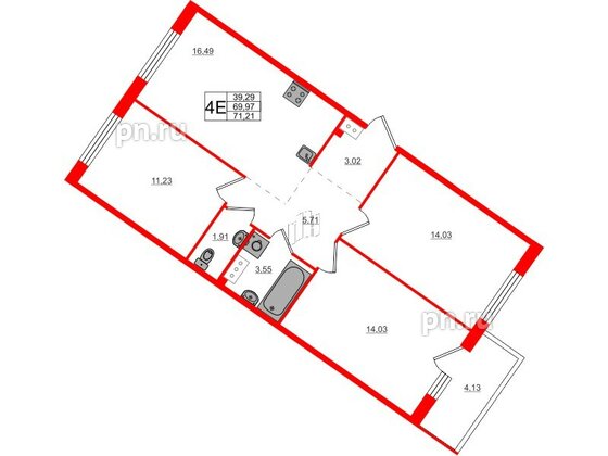 Квартира в ЖК Счастье 2.0, 3 комнатная, 71.21 м², 3 этаж