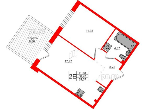 Квартира в ЖК Счастье 2.0, 1 комнатная, 39.37 м², 1 этаж