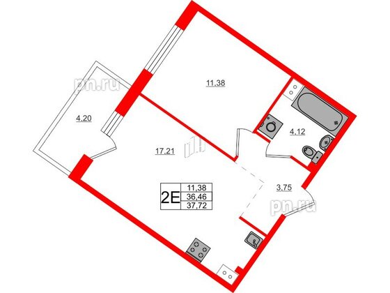 Квартира в ЖК Счастье 2.0, 1 комнатная, 37.72 м², 2 этаж