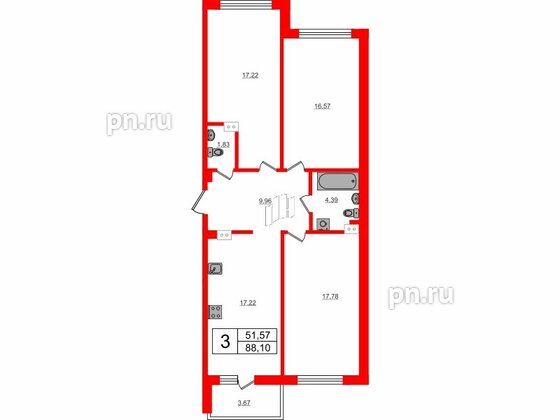 Квартира в ЖК Счастье 2.0, 3 комнатная, 88.1 м², 4 этаж