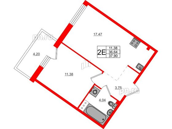 Квартира в ЖК Счастье 2.0, 1 комнатная, 37.9 м², 2 этаж