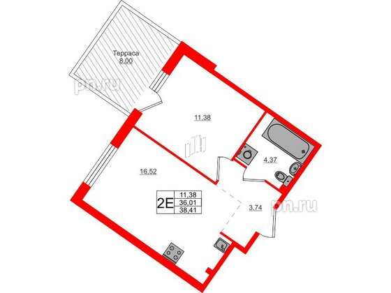 Квартира в ЖК Счастье 2.0, 1 комнатная, 38.41 м², 1 этаж