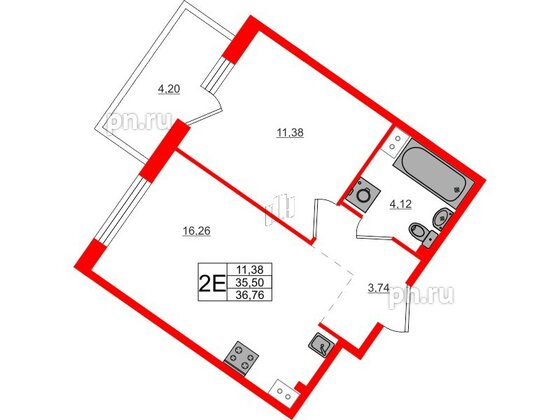 Квартира в ЖК Счастье 2.0, 1 комнатная, 36.76 м², 2 этаж