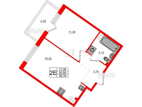 Квартира в ЖК Счастье 2.0, 1 комнатная, 36.76 м², 3 этаж