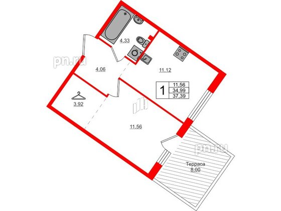 Квартира в ЖК Счастье 2.0, 1 комнатная, 37.39 м², 1 этаж