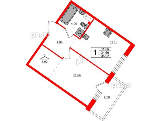 Квартира в ЖК Счастье 2.0, 1 комнатная, 35.85 м², 2 этаж