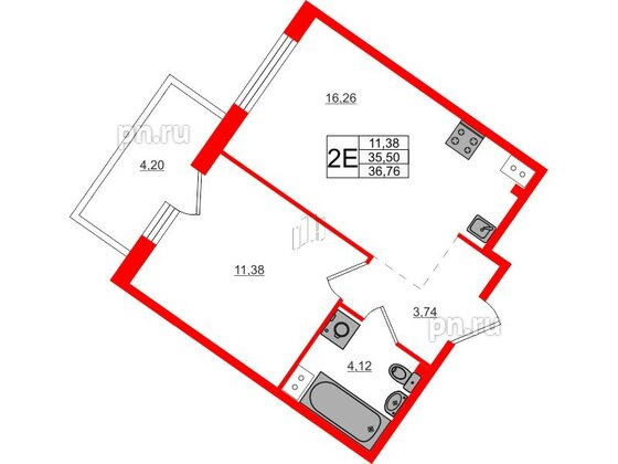 Квартира в ЖК Счастье 2.0, 1 комнатная, 36.69 м², 2 этаж