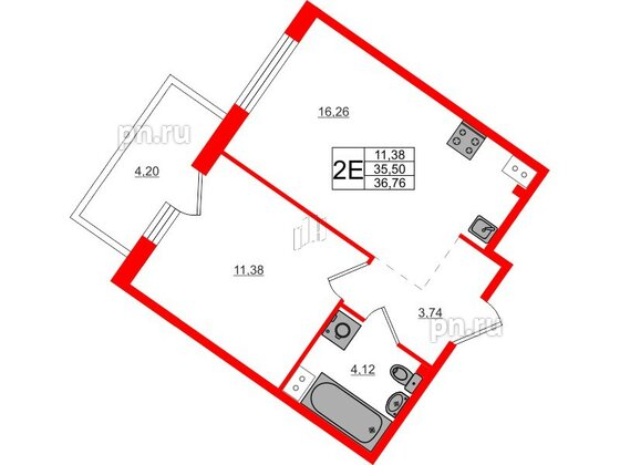 Квартира в ЖК Счастье 2.0, 1 комнатная, 36.85 м², 3 этаж