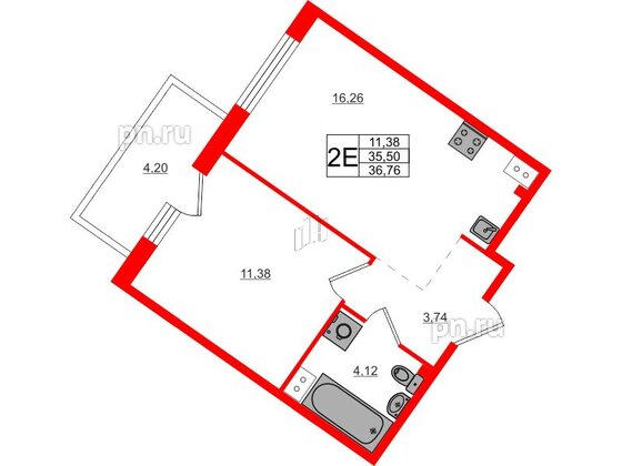 Квартира в ЖК Счастье 2.0, 1 комнатная, 36.85 м², 5 этаж