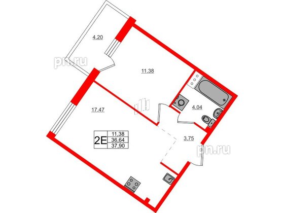 Квартира в ЖК Счастье 2.0, 1 комнатная, 37.57 м², 2 этаж