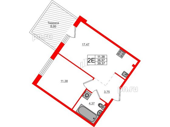 Квартира в ЖК Счастье 2.0, 1 комнатная, 39.37 м², 1 этаж