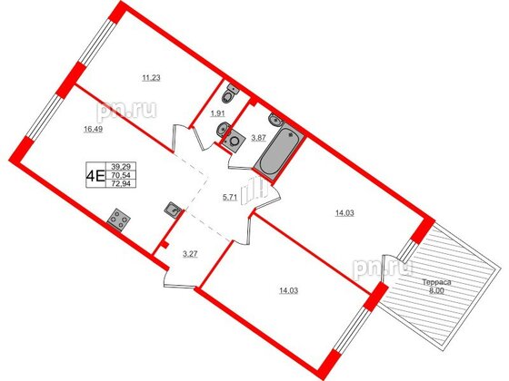 Квартира в ЖК Счастье 2.0, 3 комнатная, 72.94 м², 1 этаж