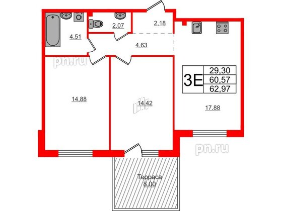 Квартира в ЖК Счастье 2.0, 2 комнатная, 62.97 м², 1 этаж