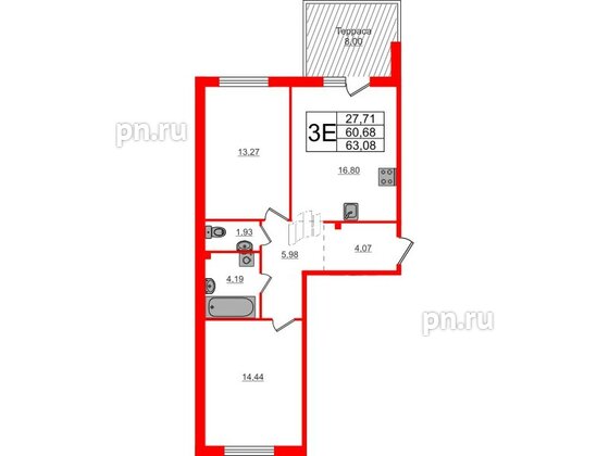 Квартира в ЖК Счастье 2.0, 2 комнатная, 63.08 м², 1 этаж