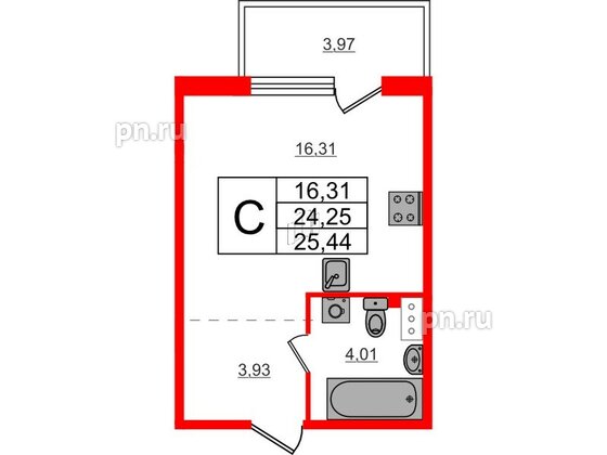 Квартира в ЖК Счастье 2.0, студия, 25.44 м², 4 этаж