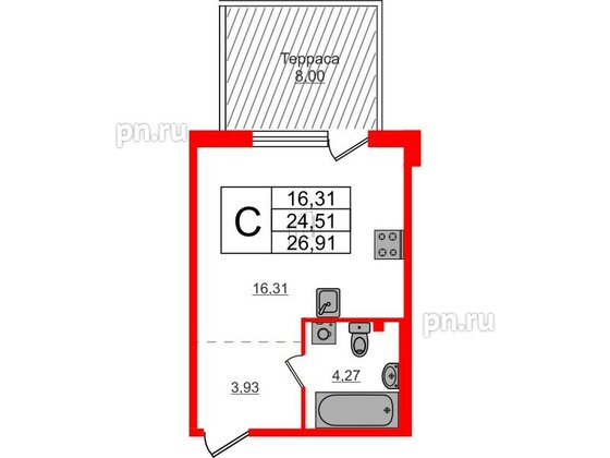 Квартира в ЖК Счастье 2.0, студия, 26.91 м², 1 этаж