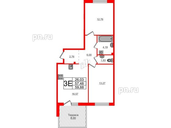 Квартира в ЖК Счастье 2.0, 2 комнатная, 59.88 м², 1 этаж