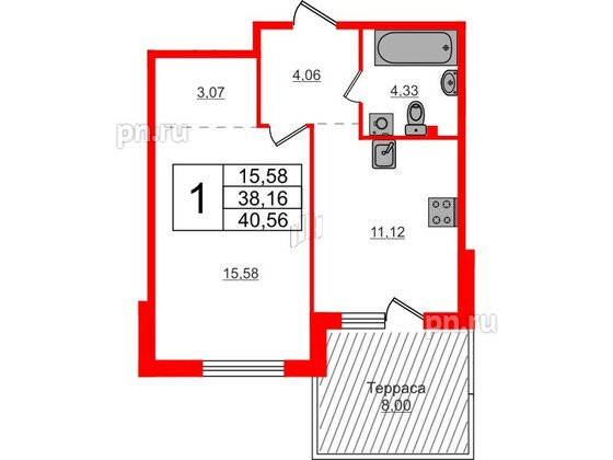 Квартира в ЖК Счастье 2.0, 1 комнатная, 40.56 м², 1 этаж