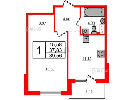 Квартира в ЖК Счастье 2.0, 1 комнатная, 39.56 м², 2 этаж