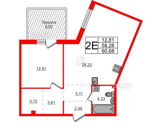 Квартира в ЖК Счастье 2.0, 1 комнатная, 60.68 м², 1 этаж