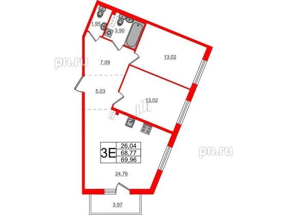 Квартира в ЖК Счастье 2.0, 2 комнатная, 69.96 м², 2 этаж