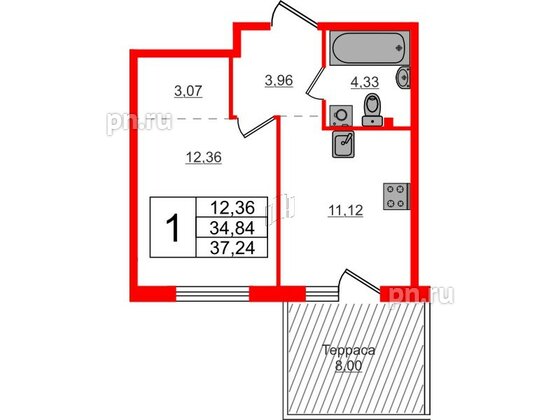 Квартира в ЖК Счастье 2.0, 1 комнатная, 37.24 м², 1 этаж