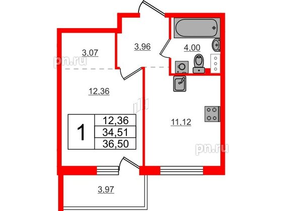 Квартира в ЖК Счастье 2.0, 1 комнатная, 36.5 м², 4 этаж