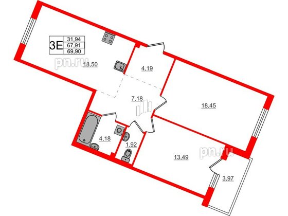 Квартира в ЖК Счастье 2.0, 2 комнатная, 69.9 м², 2 этаж