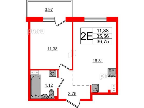 Квартира в ЖК Счастье 2.0, 1 комнатная, 36.75 м², 5 этаж