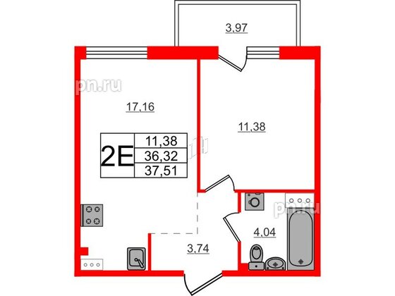 Квартира в ЖК Счастье 2.0, 1 комнатная, 37.51 м², 4 этаж