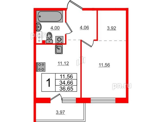 Квартира в ЖК Счастье 2.0, 1 комнатная, 36.65 м², 3 этаж