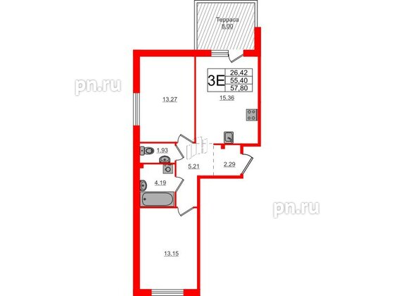 Квартира в ЖК Счастье 2.0, 2 комнатная, 57.8 м², 1 этаж