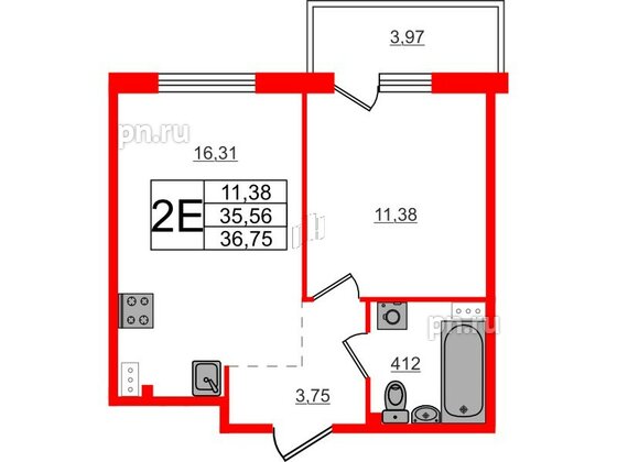 Квартира в ЖК Счастье 2.0, 1 комнатная, 36.75 м², 4 этаж