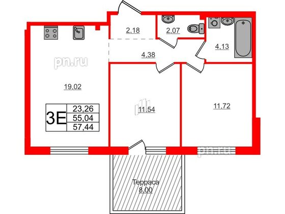 Квартира в ЖК Счастье 2.0, 2 комнатная, 57.44 м², 1 этаж