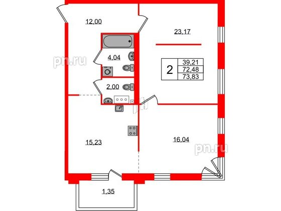 Квартира в ЖК Лисино, 2 комнатная, 73.83 м², 3 этаж