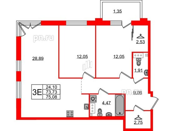 Квартира в ЖК Лисино, 2 комнатная, 75.08 м², 3 этаж