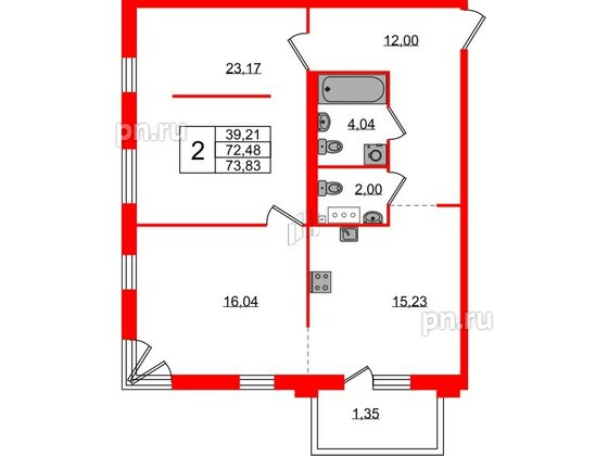 Квартира в ЖК Лисино, 2 комнатная, 73.83 м², 2 этаж