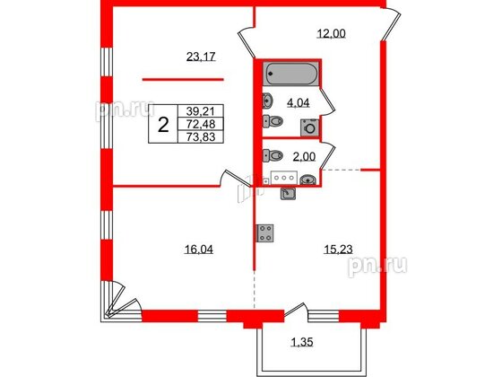 Квартира в ЖК Лисино, 2 комнатная, 73.83 м², 3 этаж