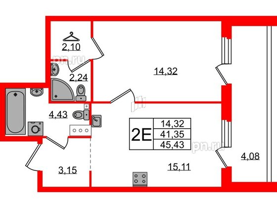 Квартира в ЖК Лисино, 1 комнатная, 45.43 м², 2 этаж