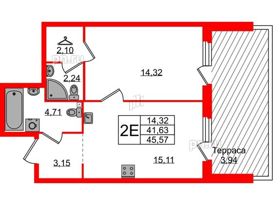 Квартира в ЖК Лисино, 1 комнатная, 45.57 м², 1 этаж