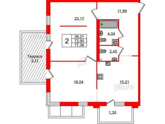 Квартира в ЖК Лисино, 2 комнатная, 77.36 м², 1 этаж